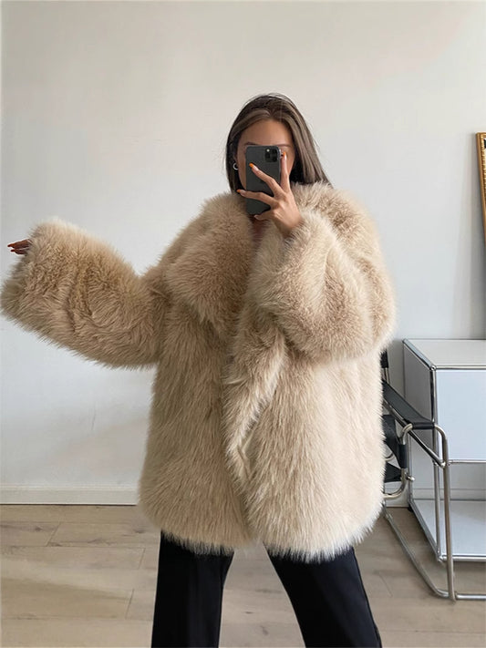 Beige Long Faux Fur Coat – Women’s Winter Warm Oversized Luxury Jacket