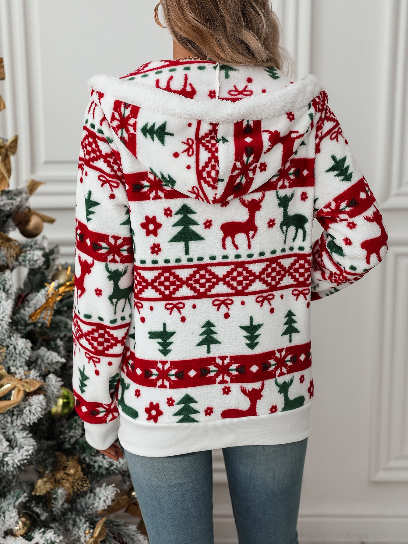 Women’s Christmas Pattern Fleece Hoodie – Winter Warm Zip-Up Jacket