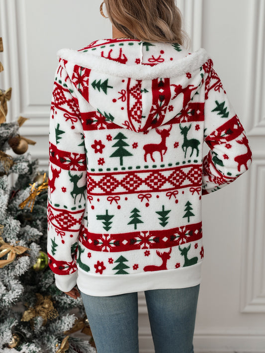Women’s Christmas Pattern Fleece Hoodie – Winter Warm Zip-Up Jacket