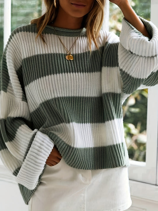 Autumn and winter loose striped knitted sweater women lazy casual contrast color sweater jacket high-end top
