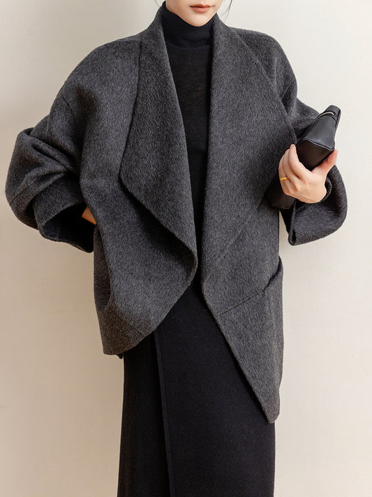 Women's Winter Wool Blend Cardigan Coat - Mid-Length Loose Lapel Outerwear