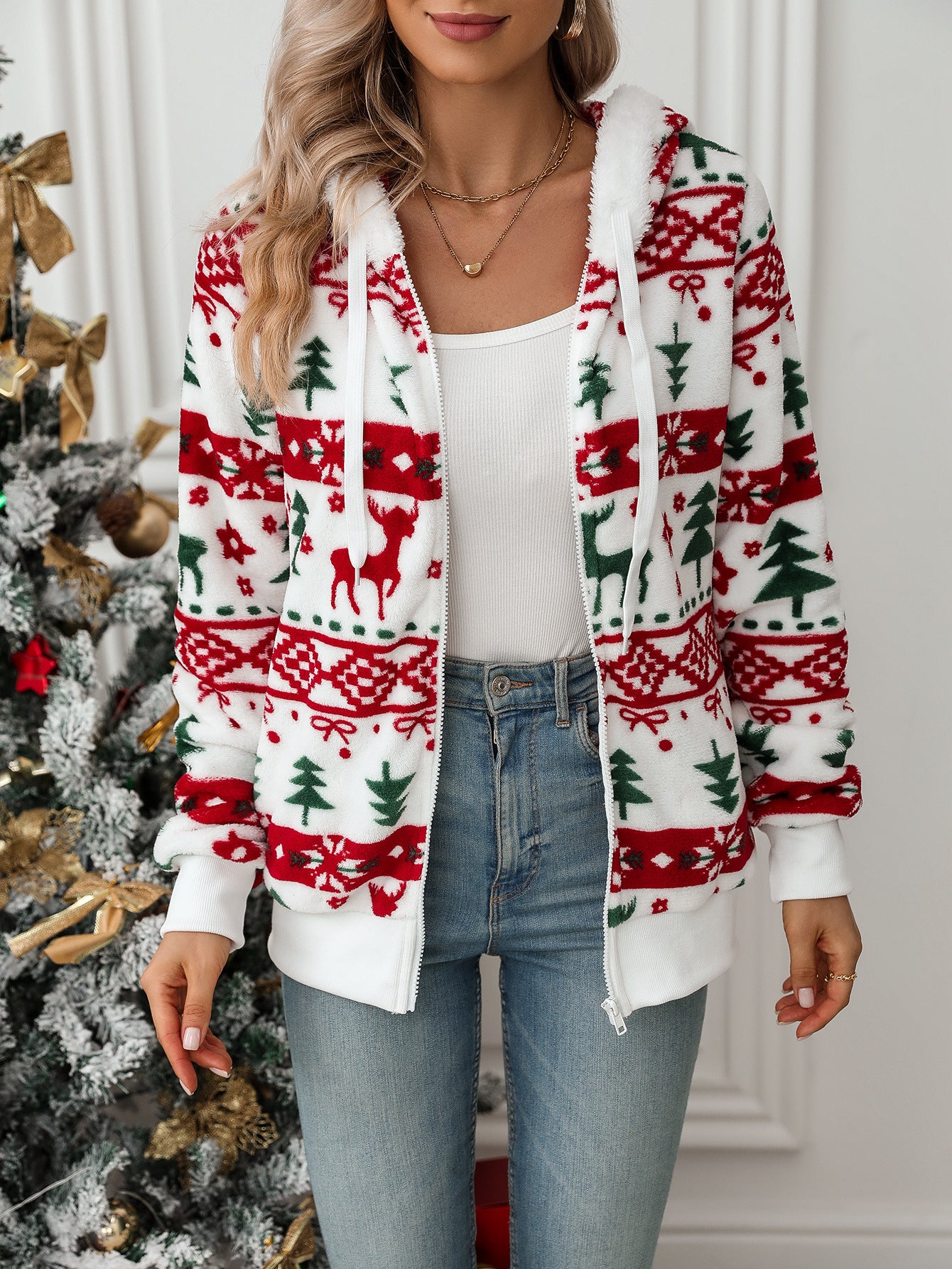 Women’s Christmas Pattern Fleece Hoodie – Winter Warm Zip-Up Jacket