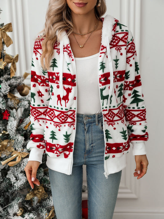 Women’s Christmas Pattern Fleece Hoodie – Winter Warm Zip-Up Jacket