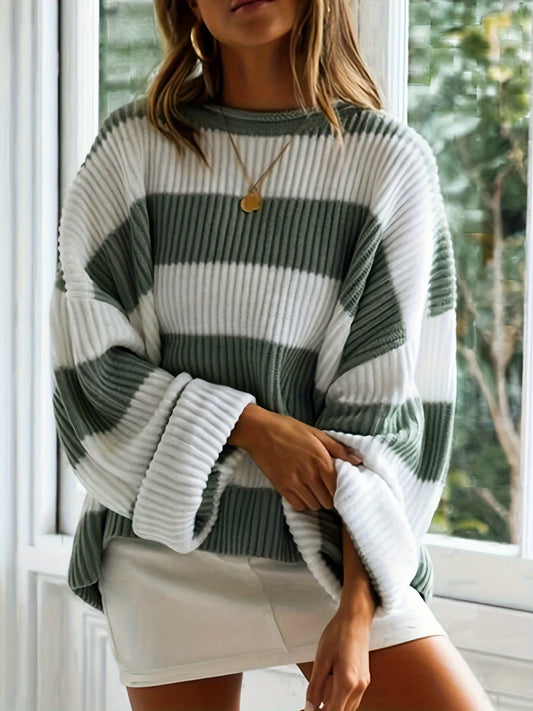 Autumn and winter loose striped knitted sweater women lazy casual contrast color sweater jacket high-end top