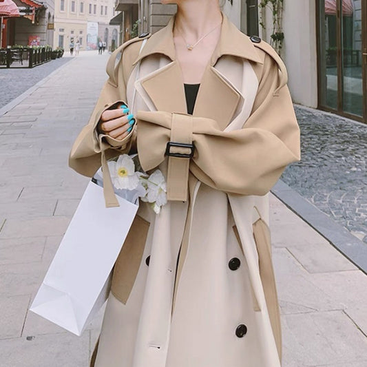Women's Beige Patchwork Belted Trench Coat - Long Double-Breasted Loose Casual Outerwear