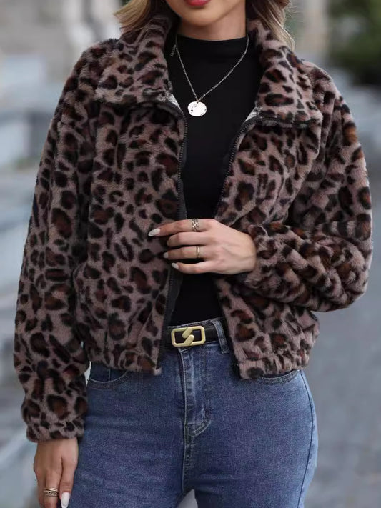Autumn Winter Leopard Faux Fur Jacket Women’s Short Zip-Up Thick Warm Coat – Stylish & Versatile Streetwear