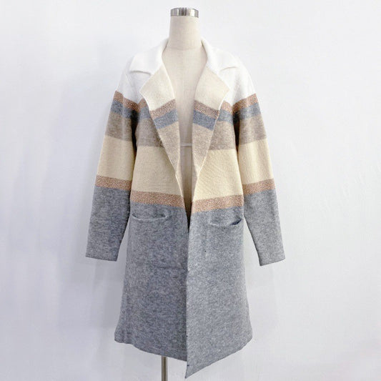 Women's Long Colorblock Striped Wool Blend Cardigan Coat - Loose Fit Lapel Warm Outerwear