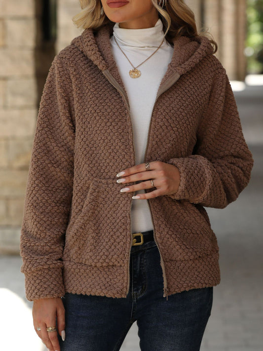 Women’s Winter Hooded Sherpa Fleece Jacket – Brown Zip-Up Warm Coat – Casual Loose Plush Hoodie