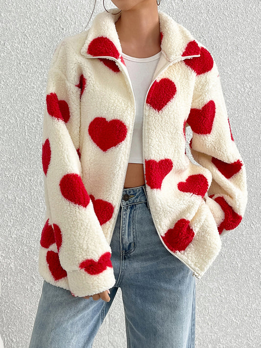 Women’s Winter Heart Pattern Sherpa Fleece Jacket – White with Red Hearts Zip-Up Warm Coat – Cozy Casual Loose Outerwear