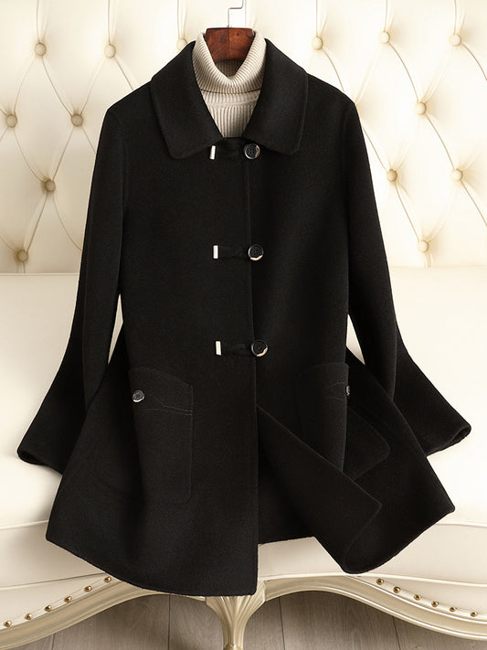 Classic Black Wool Blend Mid-Length Coat – Women’s Autumn Winter Button-Up Overcoat