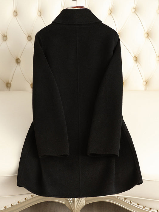 Classic Black Wool Blend Mid-Length Coat – Women’s Autumn Winter Button-Up Overcoat