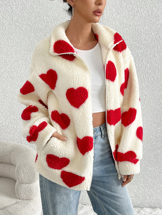 Women’s Winter Heart Pattern Sherpa Fleece Jacket – White with Red Hearts Zip-Up Warm Coat – Cozy Casual Loose Outerwear