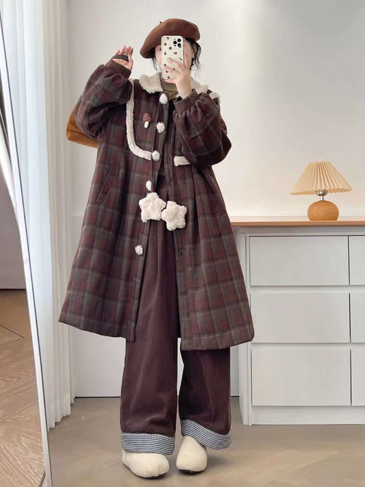 Women's Winter Plaid Teddy Fleece Patchwork Coat - Loose Fit Thick Mid-Length Warm Outerwear