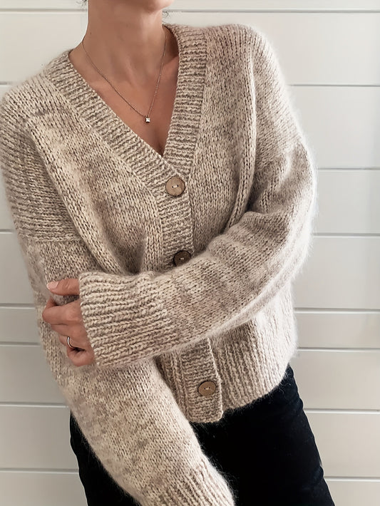Autumn Winter Women’s Beige Knit Cardigan – V-Neck Long Sleeve Loose Sweater Coat