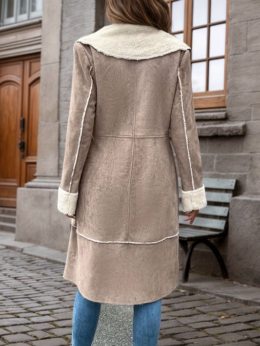 Autumn Winter Faux Shearling Lapel Mid-Length Suede Coat – Women’s Warm Belted Long Sleeve Overcoat – Stylish Versatile Casual Trench