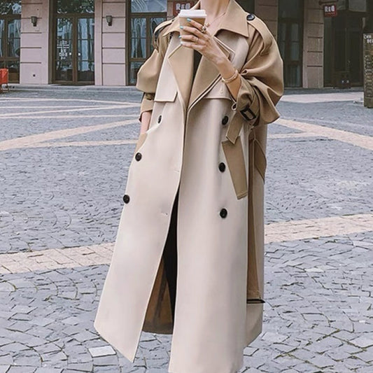 Women's Beige Patchwork Belted Trench Coat - Long Double-Breasted Loose Casual Outerwear