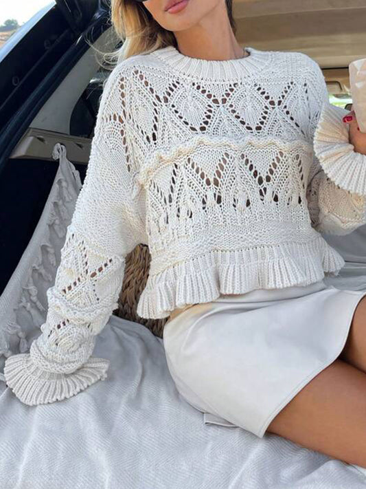 Fashionable white crocheted hollow knit sweater for women Round neck long sleeves short style ruffled hem lazy style top