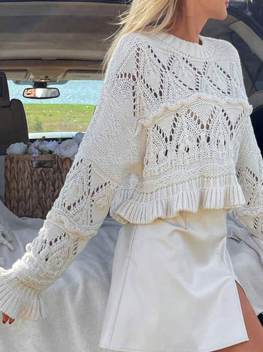 Fashionable white crocheted hollow knit sweater for women Round neck long sleeves short style ruffled hem lazy style top