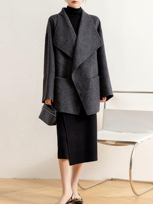 Women's Winter Wool Blend Cardigan Coat - Mid-Length Loose Lapel Outerwear