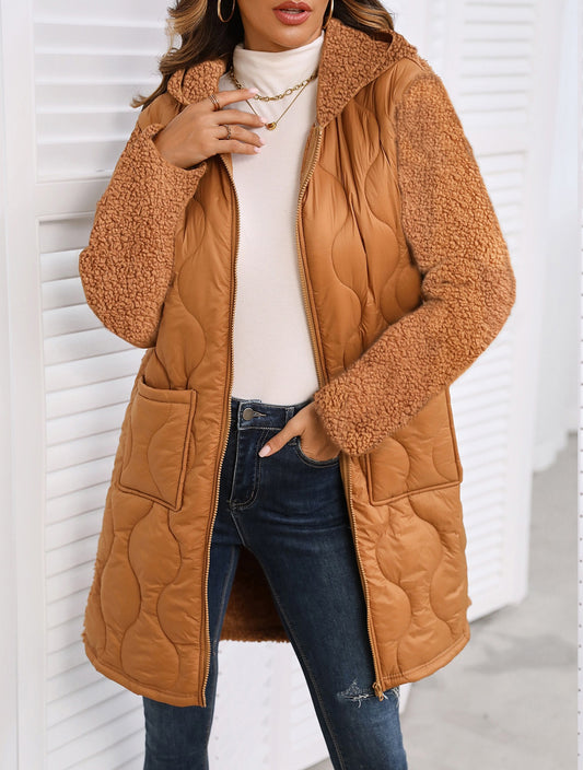 Women's Autumn Winter Brown Patchwork Hooded Coat - Mid-Length Warm Teddy Fleece & Quilted Jacket