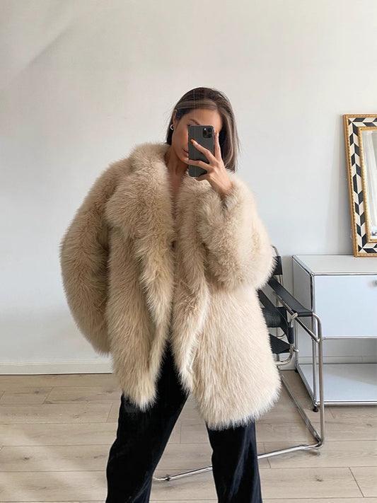 Beige Long Faux Fur Coat – Women’s Winter Warm Oversized Luxury Jacket