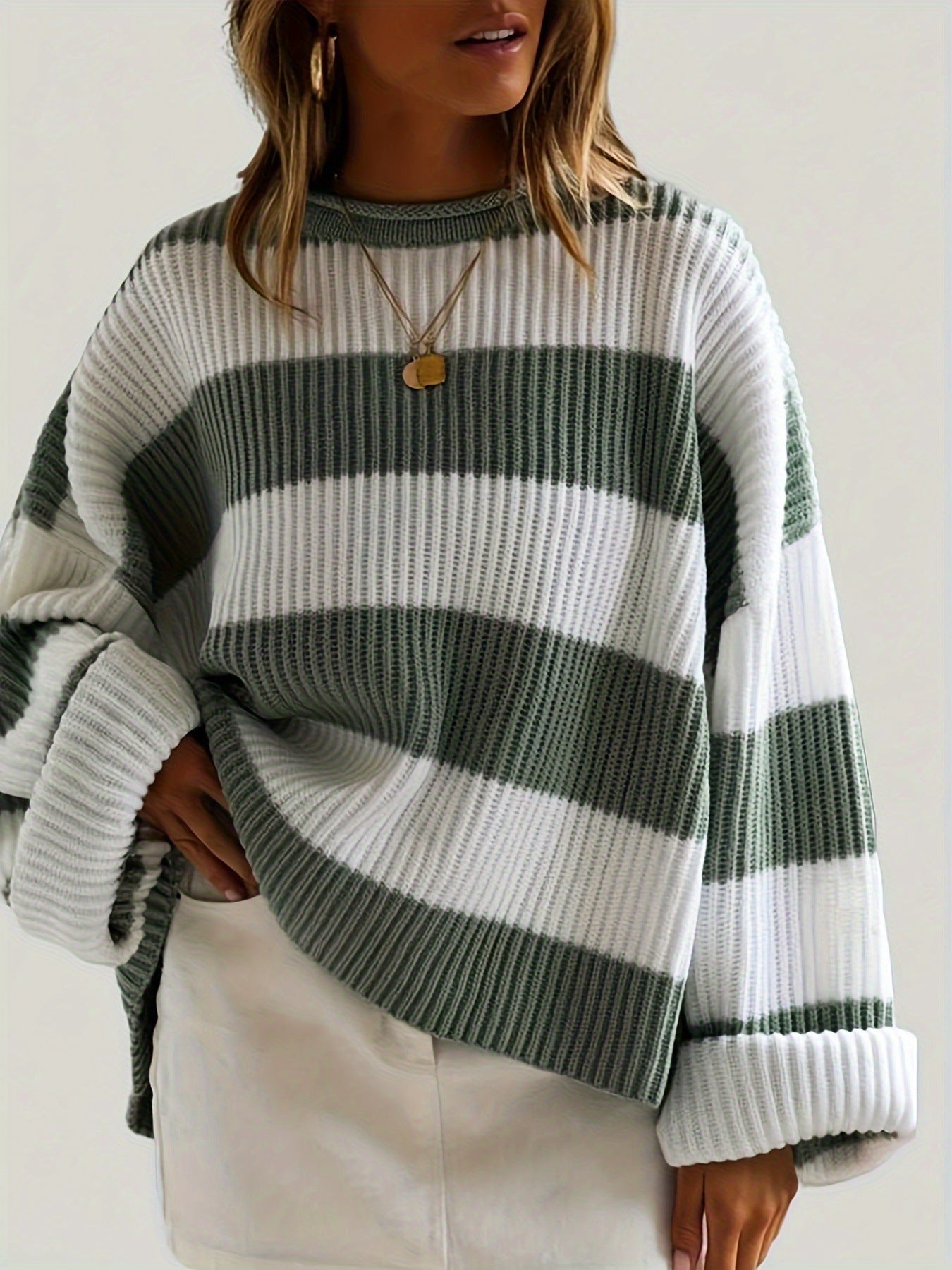 Autumn and winter loose striped knitted sweater women lazy casual contrast color sweater jacket high-end top