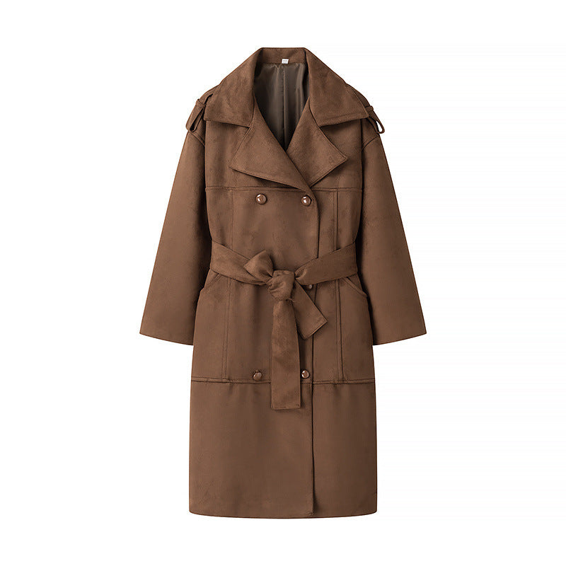 Autumn Winter Women’s Long Double-Breasted Trench Coat – Waist Belt Casual Elegant Overcoat