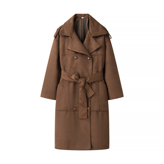 Autumn Winter Women’s Long Double-Breasted Trench Coat – Waist Belt Casual Elegant Overcoat