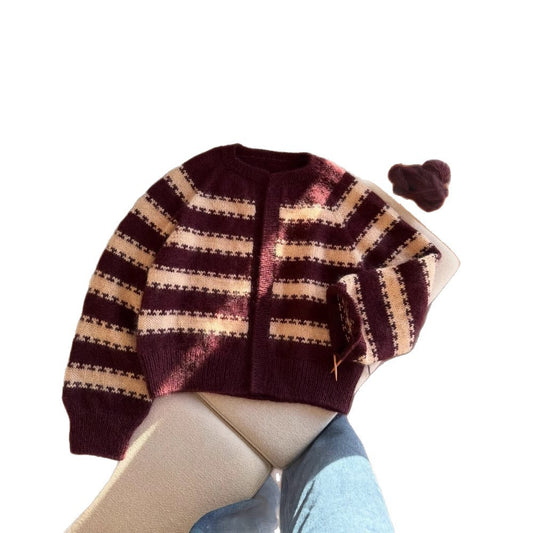 Women's Burgundy and Beige Striped Knit Cardigan - Loose Fit Crew Neck Long Sleeve Retro Sweater