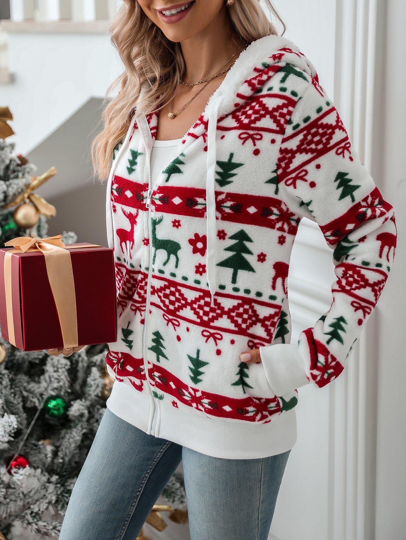 Women’s Christmas Pattern Fleece Hoodie – Winter Warm Zip-Up Jacket