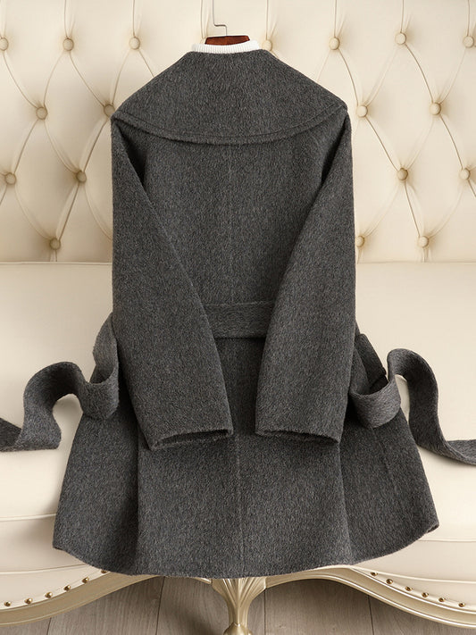 Autumn Winter Women’s Wool Blend Long Coat – Belted Waist Lapel Overcoat